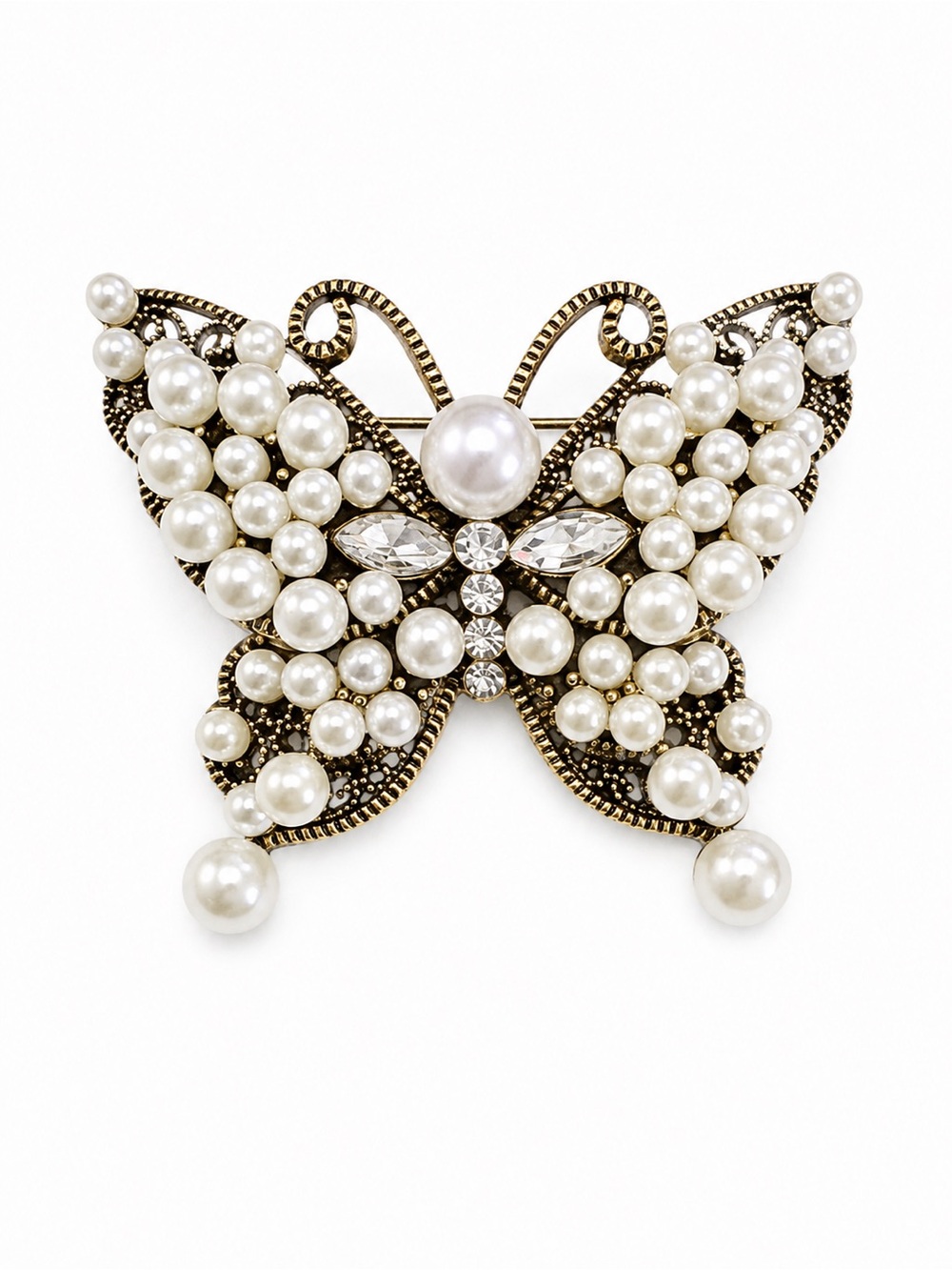 New Butterfly Pearl‎ Rhinestone Brooch Pin Gold Tone Filigree